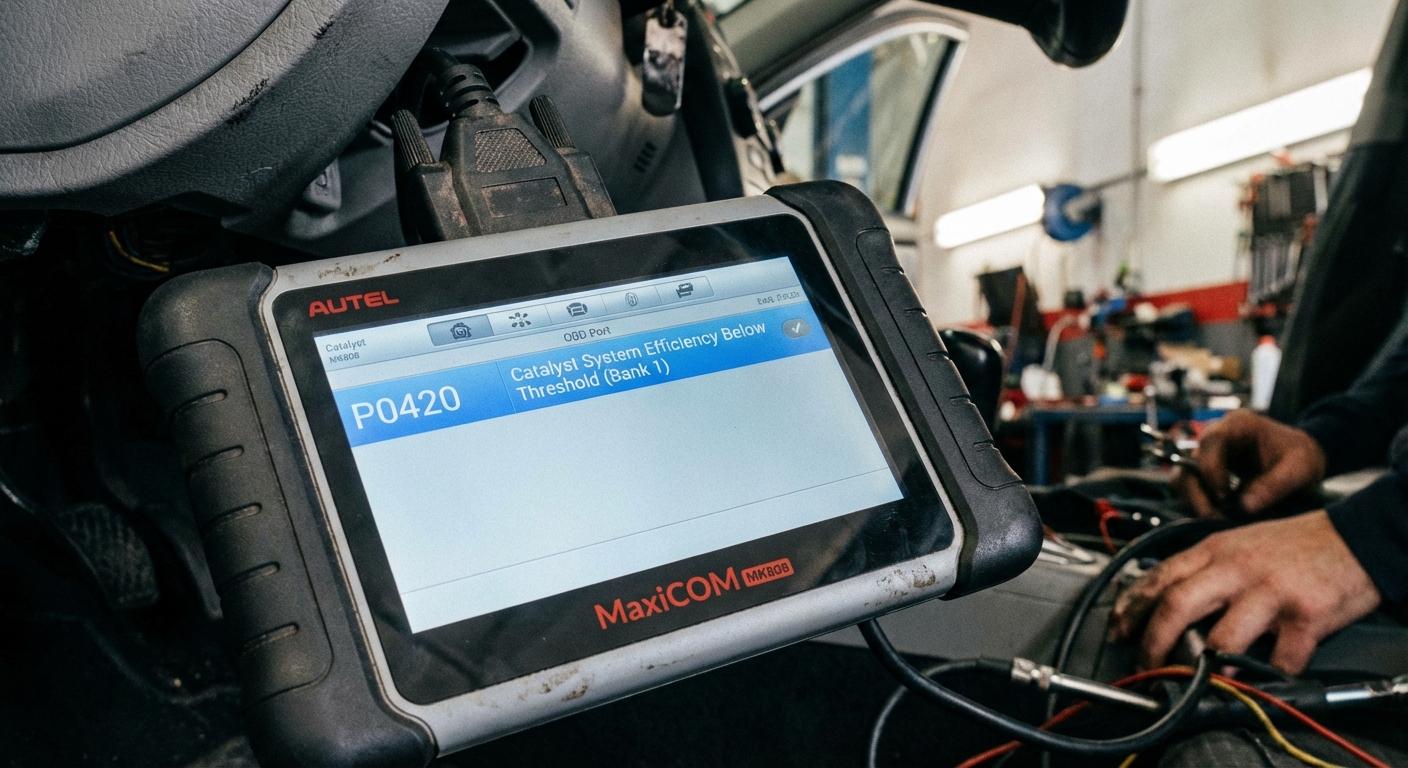 Escaner OBD2 conectado al puerto de diagnóstico mostrando el código P0420