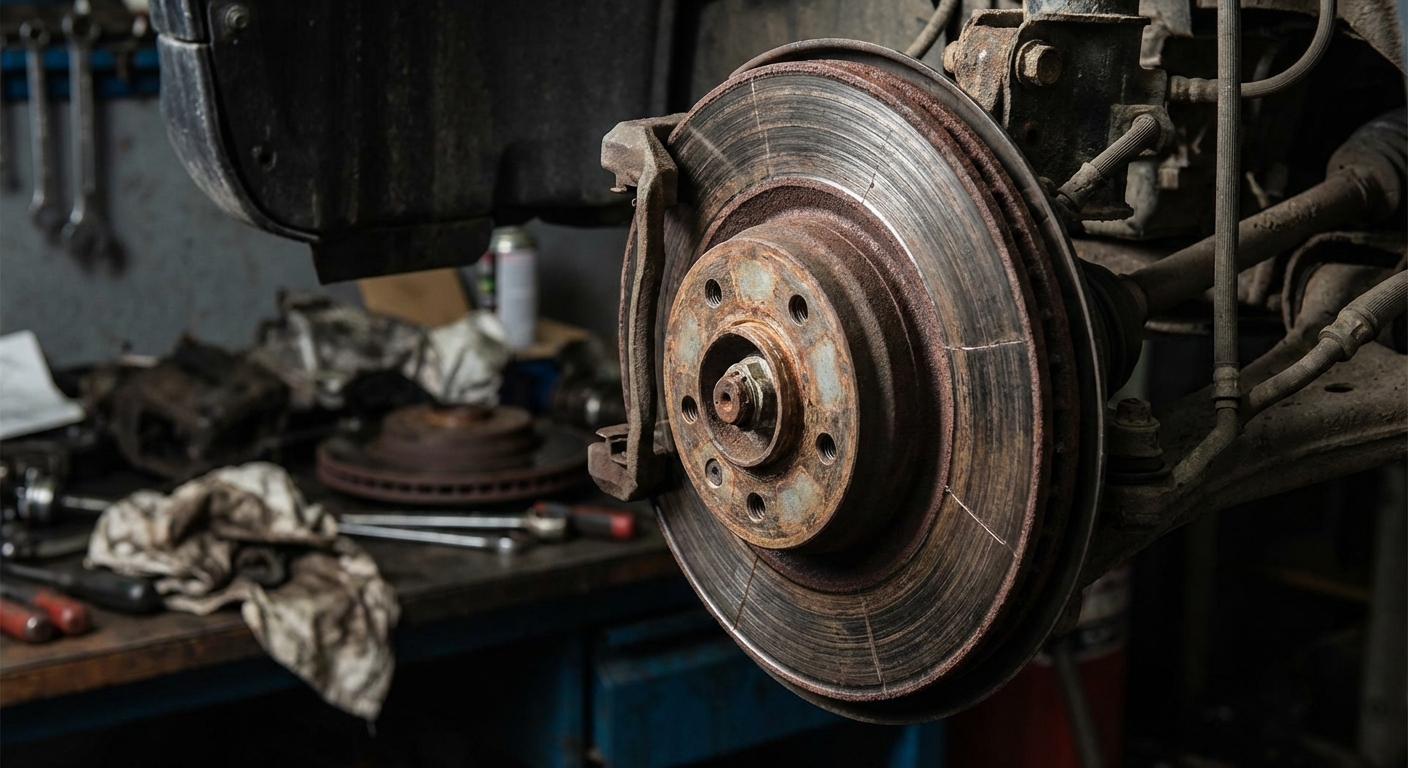 Disco de freno con desgaste y surcos visibles