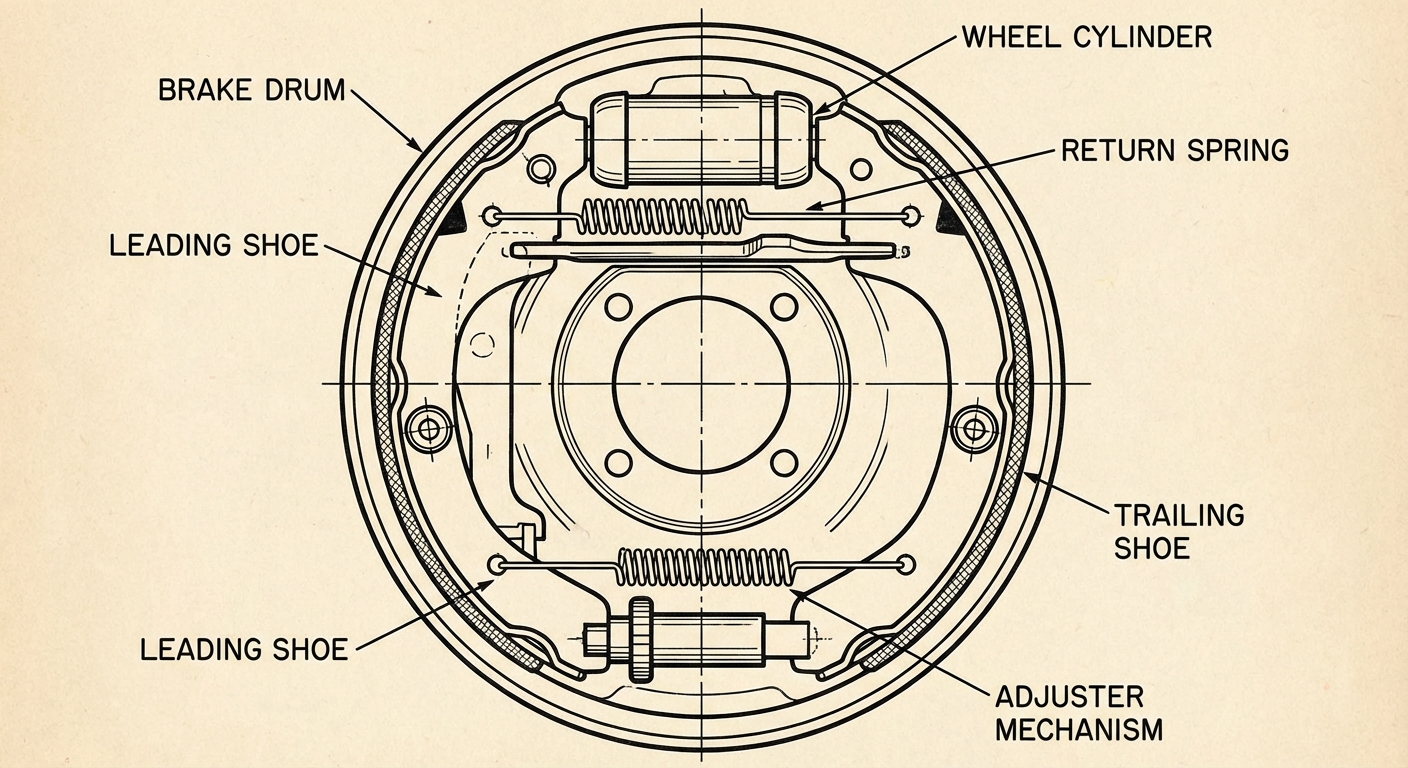 Esquema de un freno de tambor mostrando las zapatas, muelles y cilindro de rueda