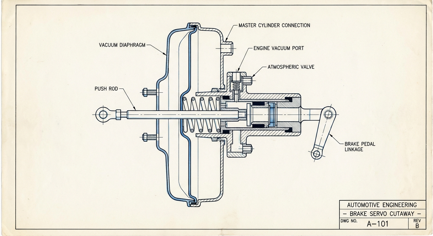 Esquema interno del servofreno mostrando la membrana y las cámaras de vacio