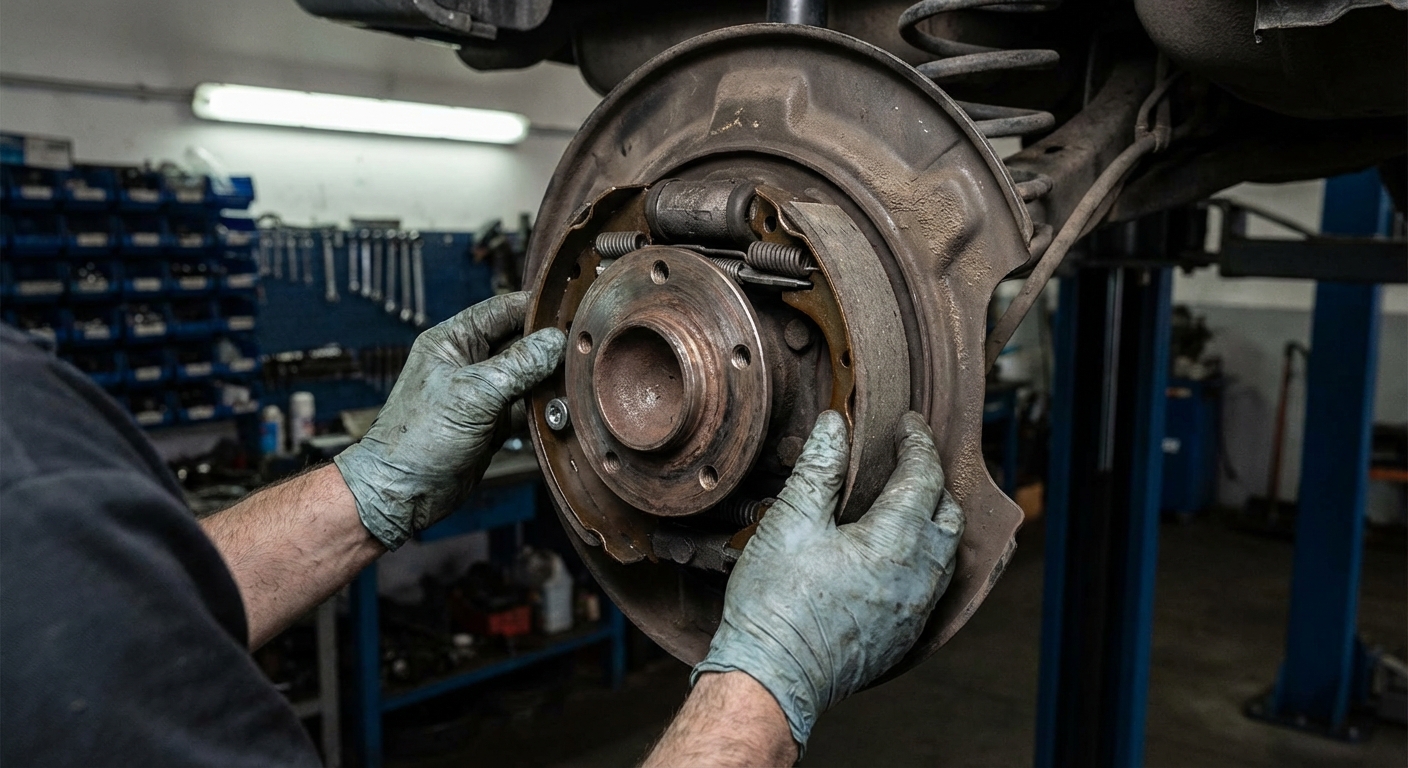 Detalle de las zapatas montadas dentro del tambor de freno