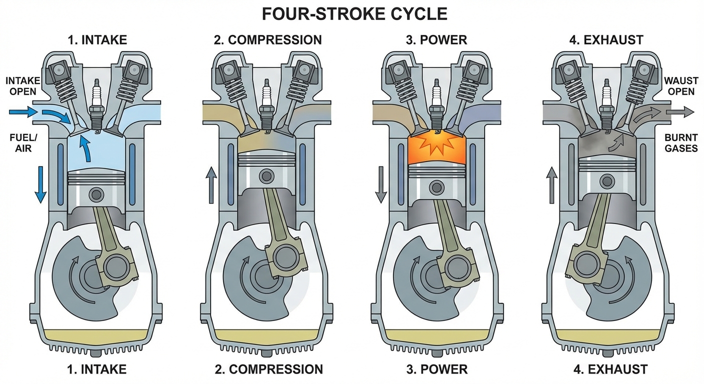 Diagrama animado de los 4 tiempos del motor: admisión, compresión, explosión y escape