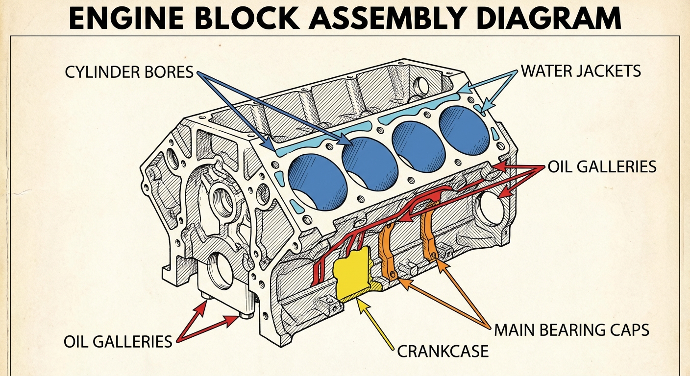 Sección transversal de un bloque de motor señalando sus partes principales