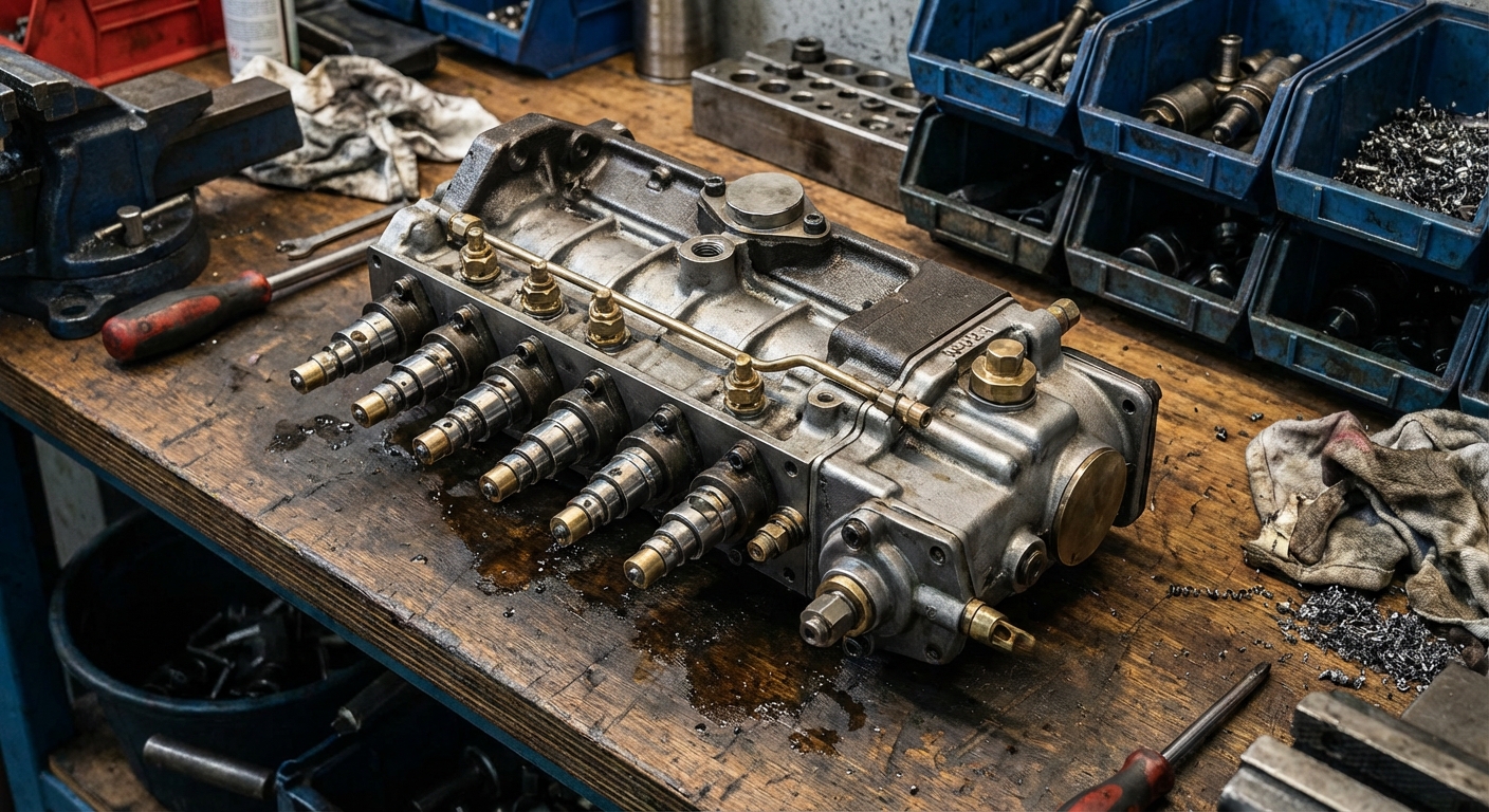 Bomba inyectora en línea mostrando los elementos de bombeo alineados