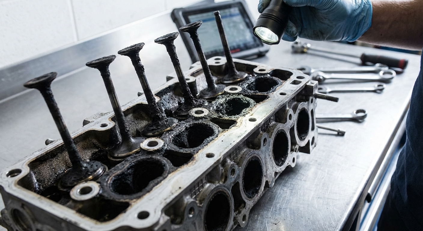 Válvula de admisión de un motor GDI cubierta de carbonilla negra comparada con una limpia