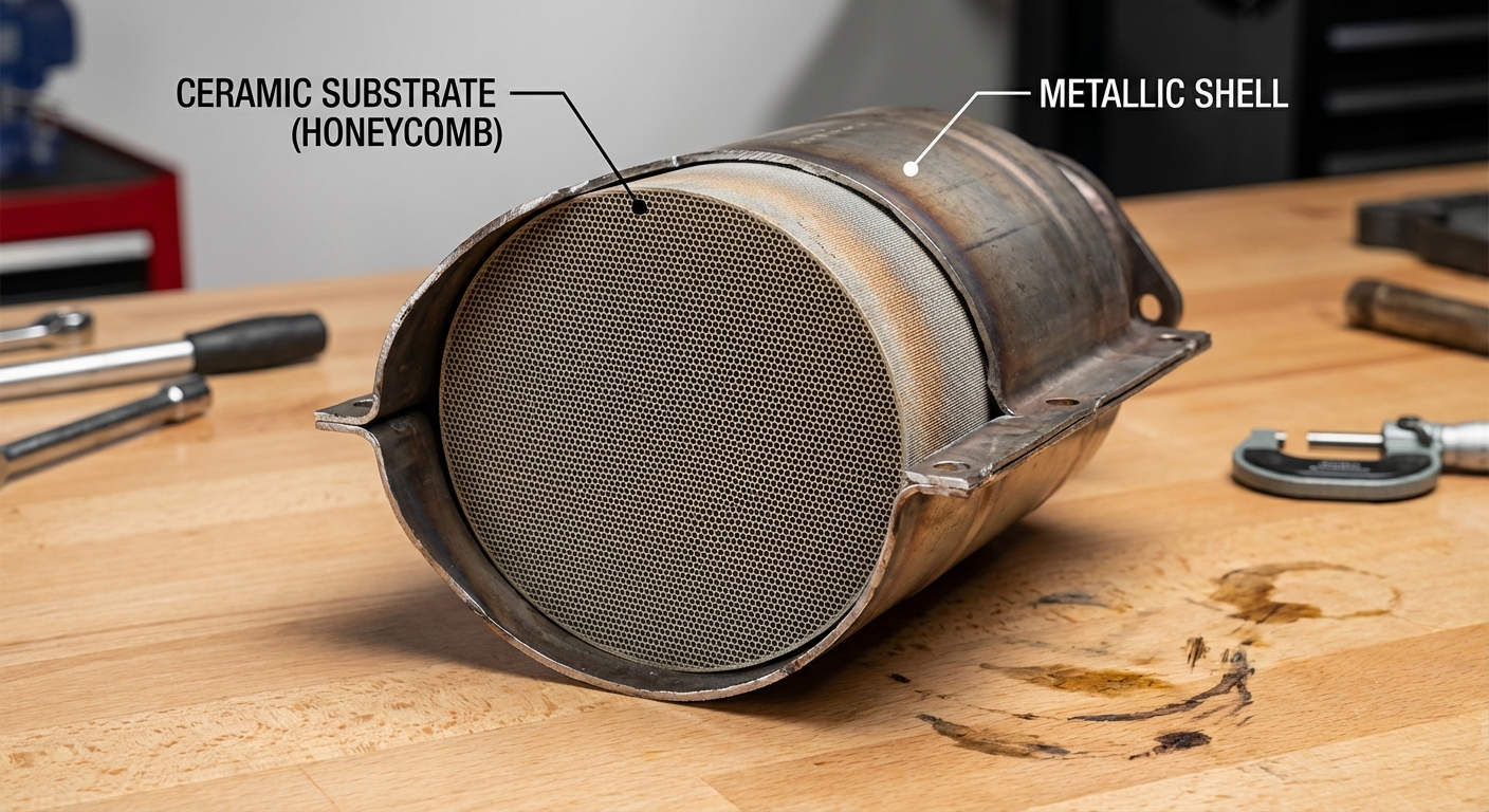 Interior de un catalizador cortado por la mitad mostrando la estructura cerámica de panal