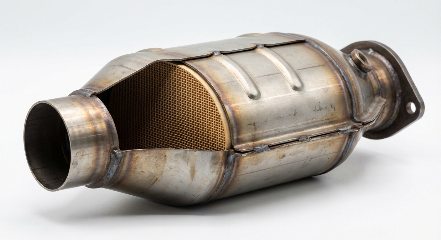 Catalizador de coche mostrando la estructura interna de panal cerámico