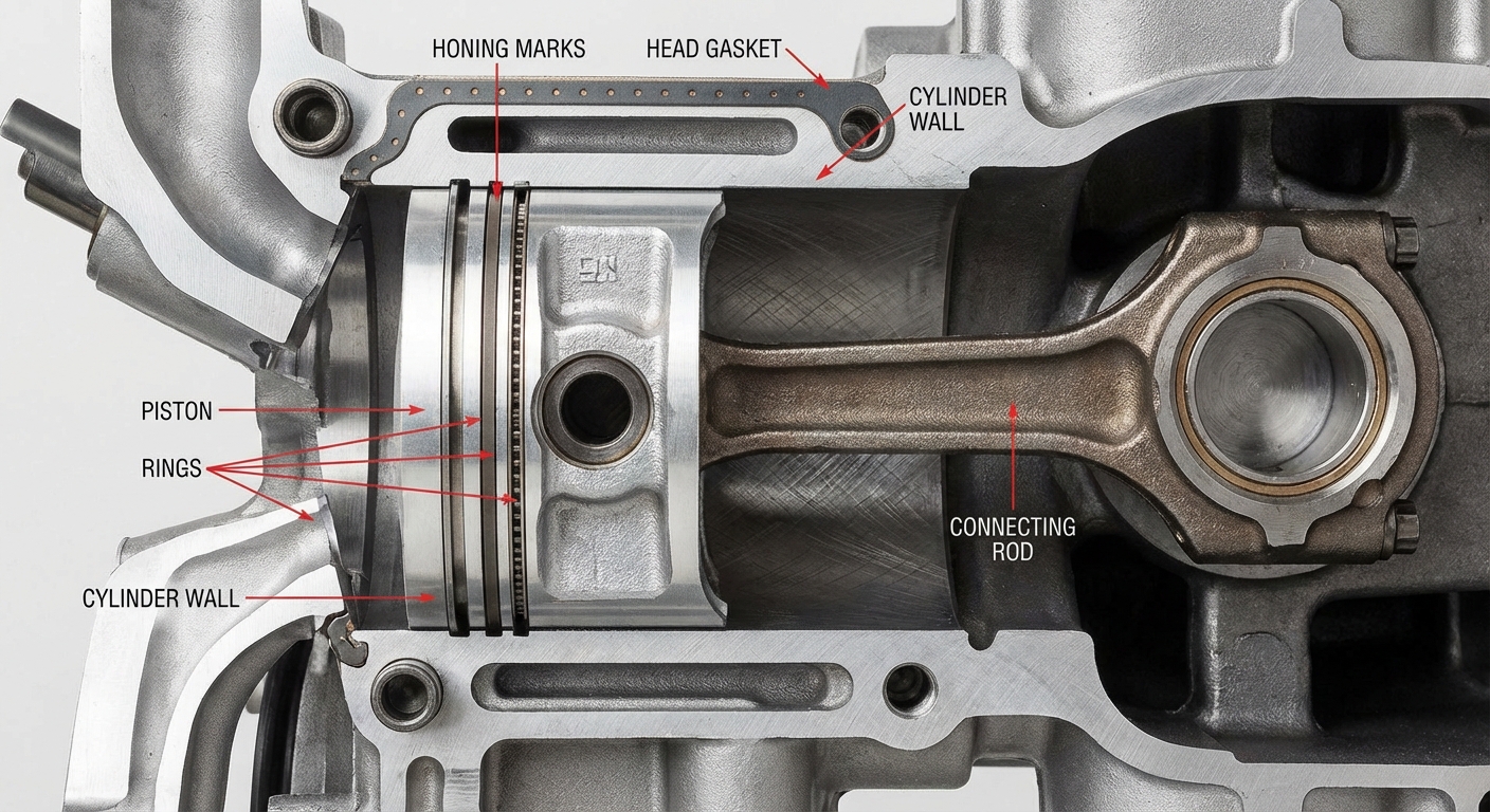 Corte transversal de un cilindro mostrando el pistón, segmentos y camisa