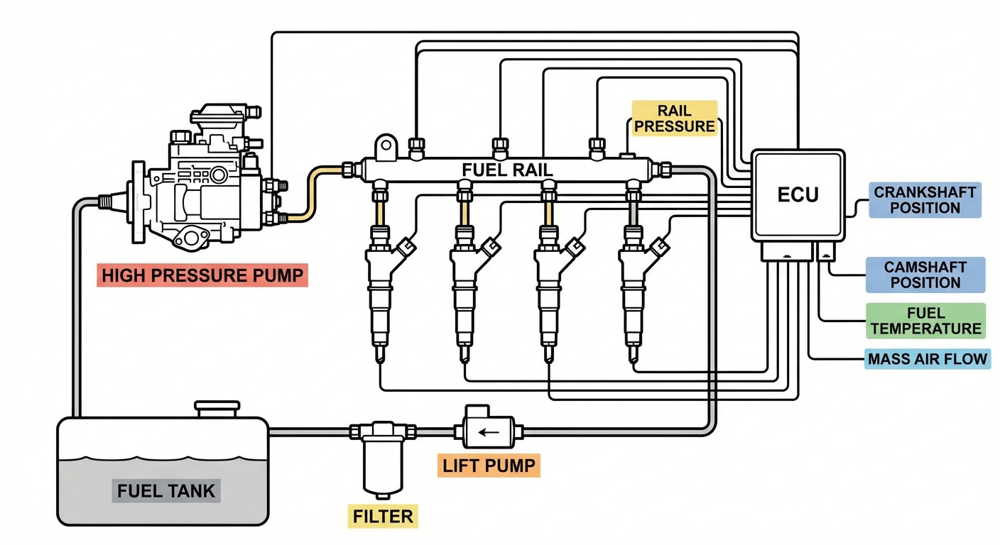 Diagrama del funcionamiento del sistema common rail con sus componentes principales