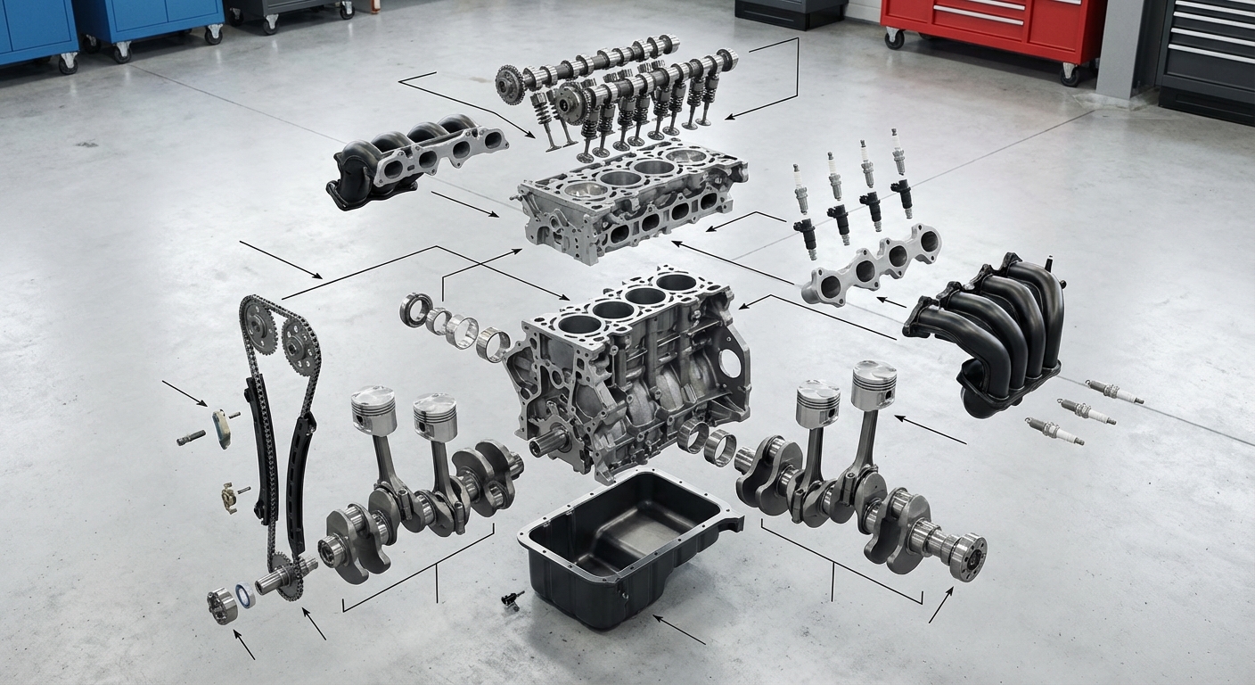 Motor desarmado con piezas disponibles en desguaces