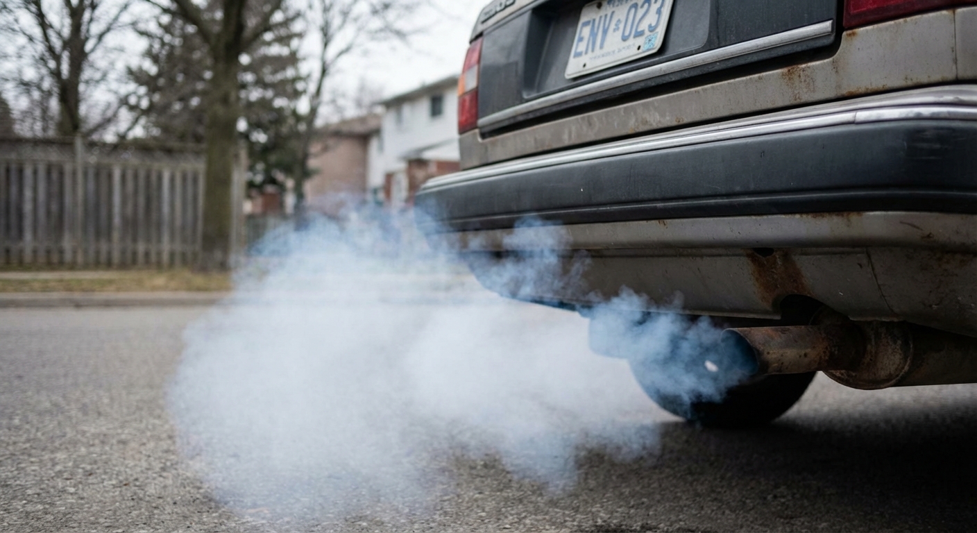 Humo visible saliendo del tubo de escape de un coche indicando problemas en el catalizador