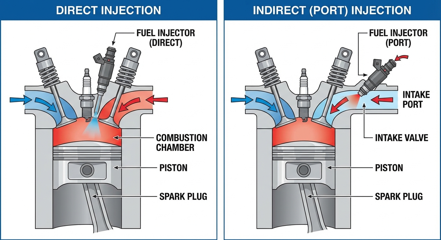 Comparación entre inyección directa e indirecta mostrando la posición del inyector