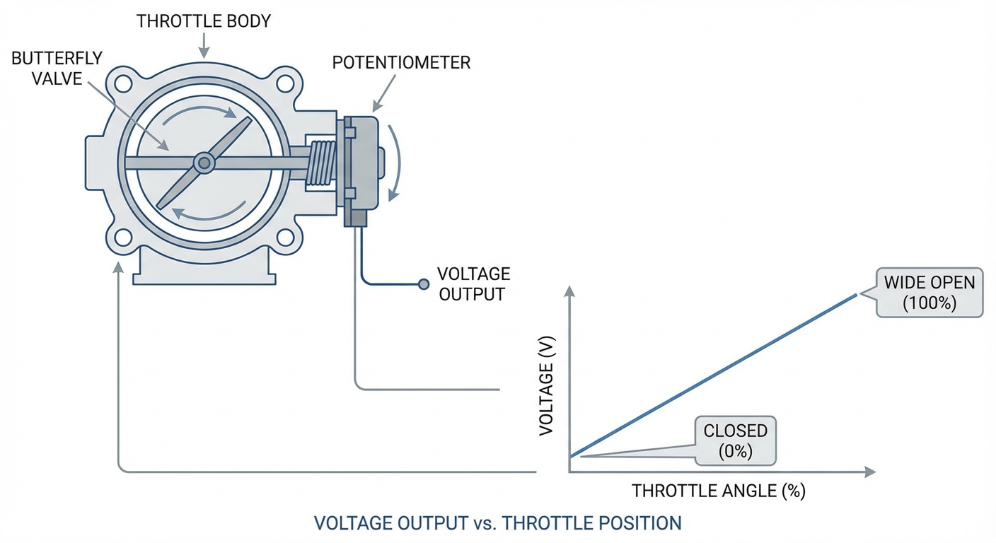 Esquema del funcionamiento interno del sensor TPS tipo potenciometro