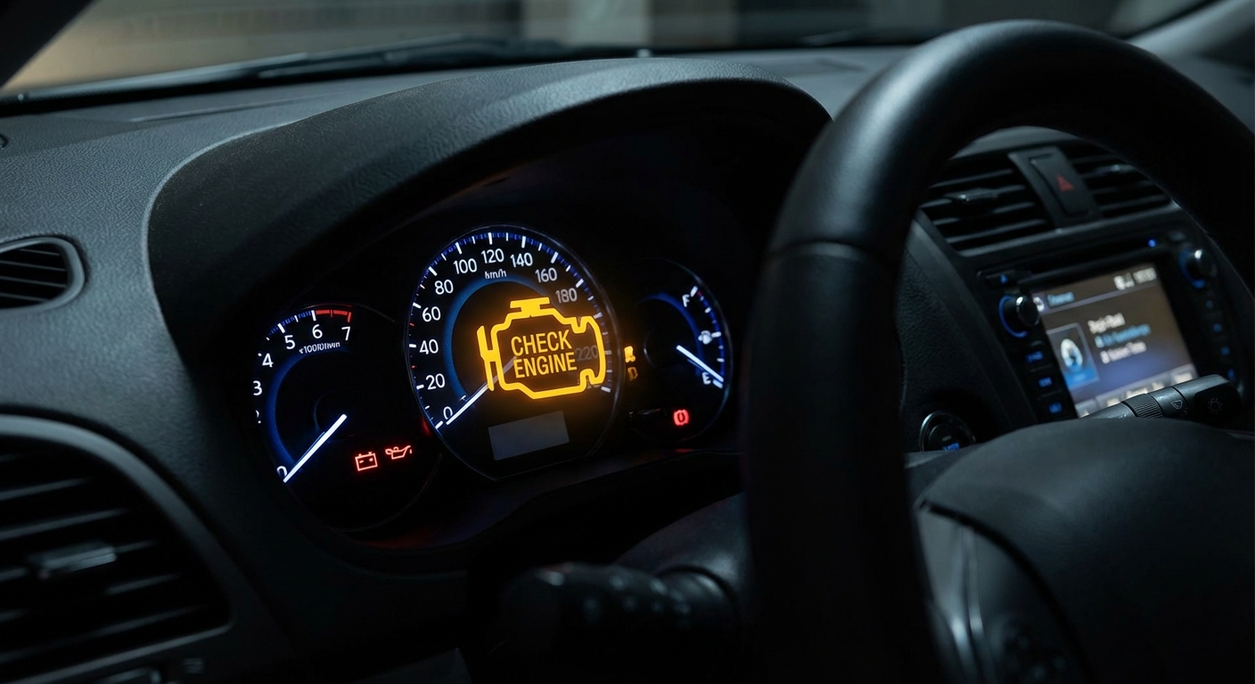 Testigo del motor encendido en el cuadro de instrumentos de un coche