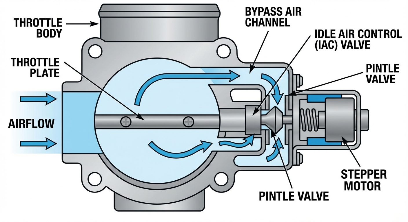 Diagrama del funcionamiento de la válvula IAC y su posición en el cuerpo de aceleración