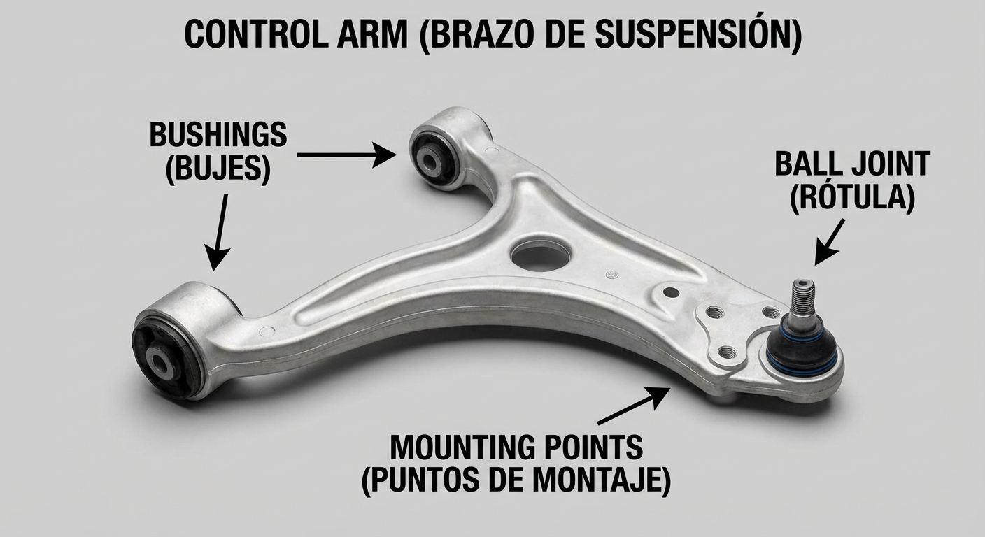 Detalle de la rotula y silentblock de un brazo de suspensión desmontado