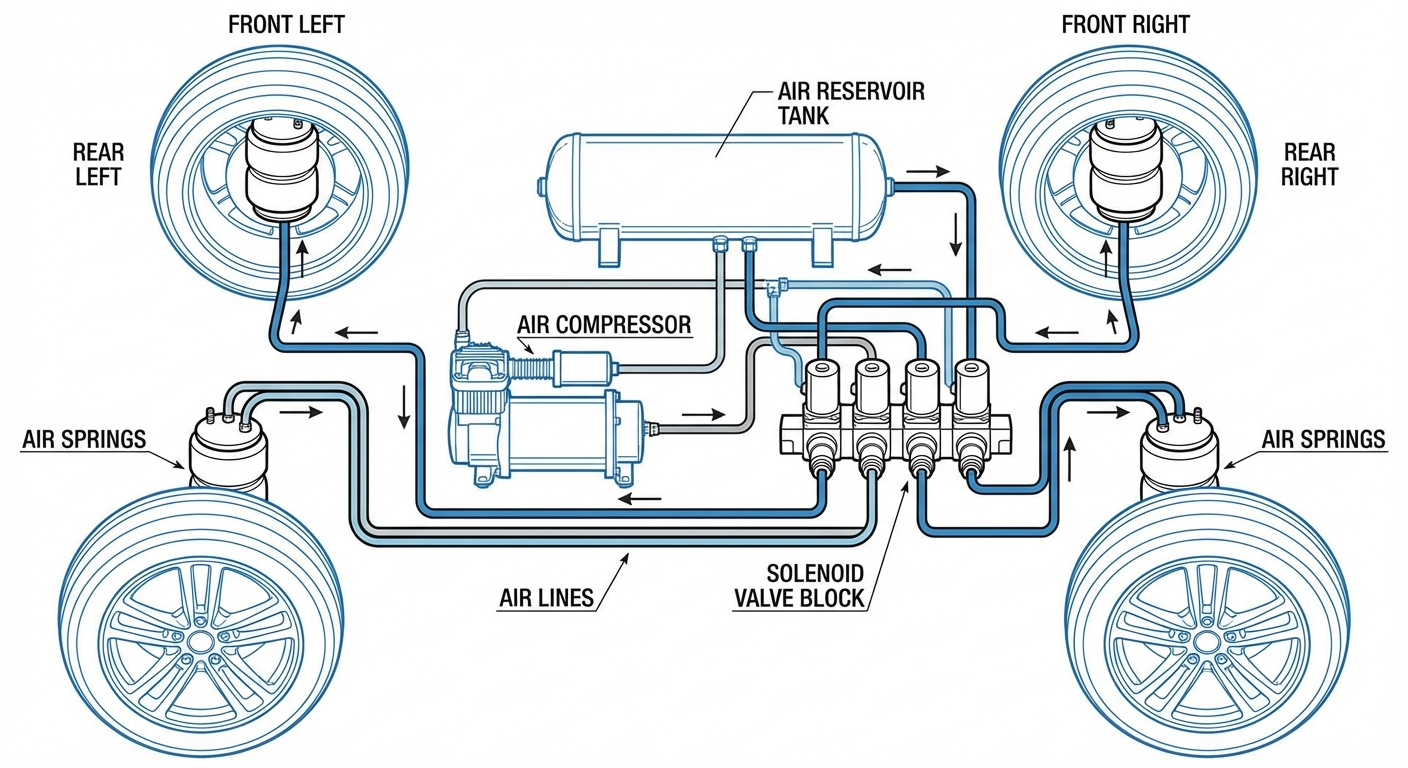Esquema del sistema de suspensión neumática mostrando fuelles, compresor y unidad de control