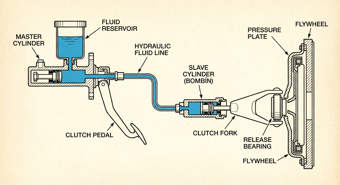 Esquema del circuito hidráulico de embrague con bombin emisor, tuberia y bombin receptor