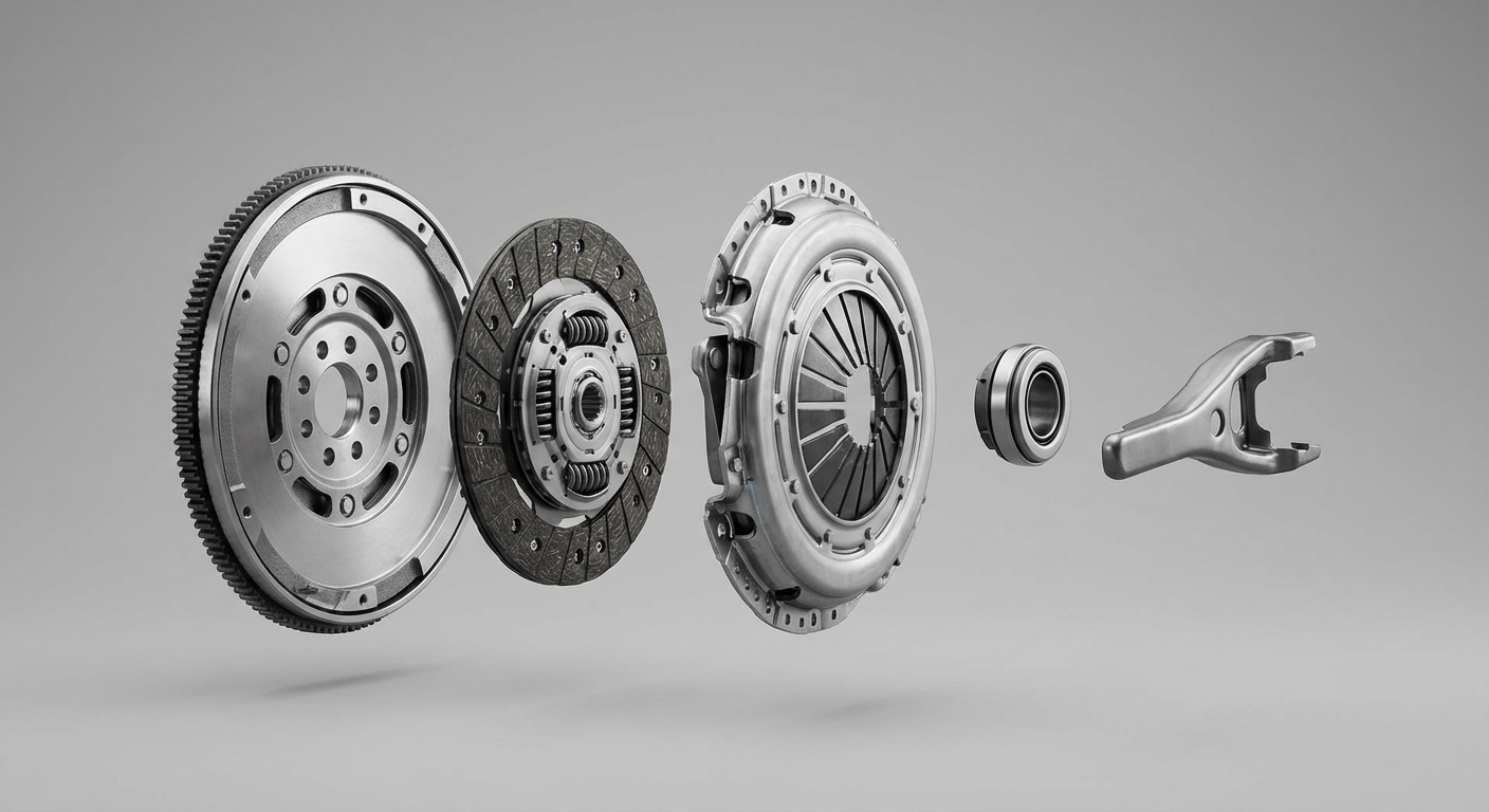 Despiece del sistema de embrague mostrando volante motor, disco, plato de presión y cojinete